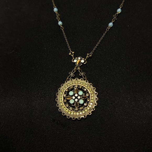 Boho Medallion Pendant Necklace | Antique Gold Tone | Blue Stone Details - Picture 4 of 6